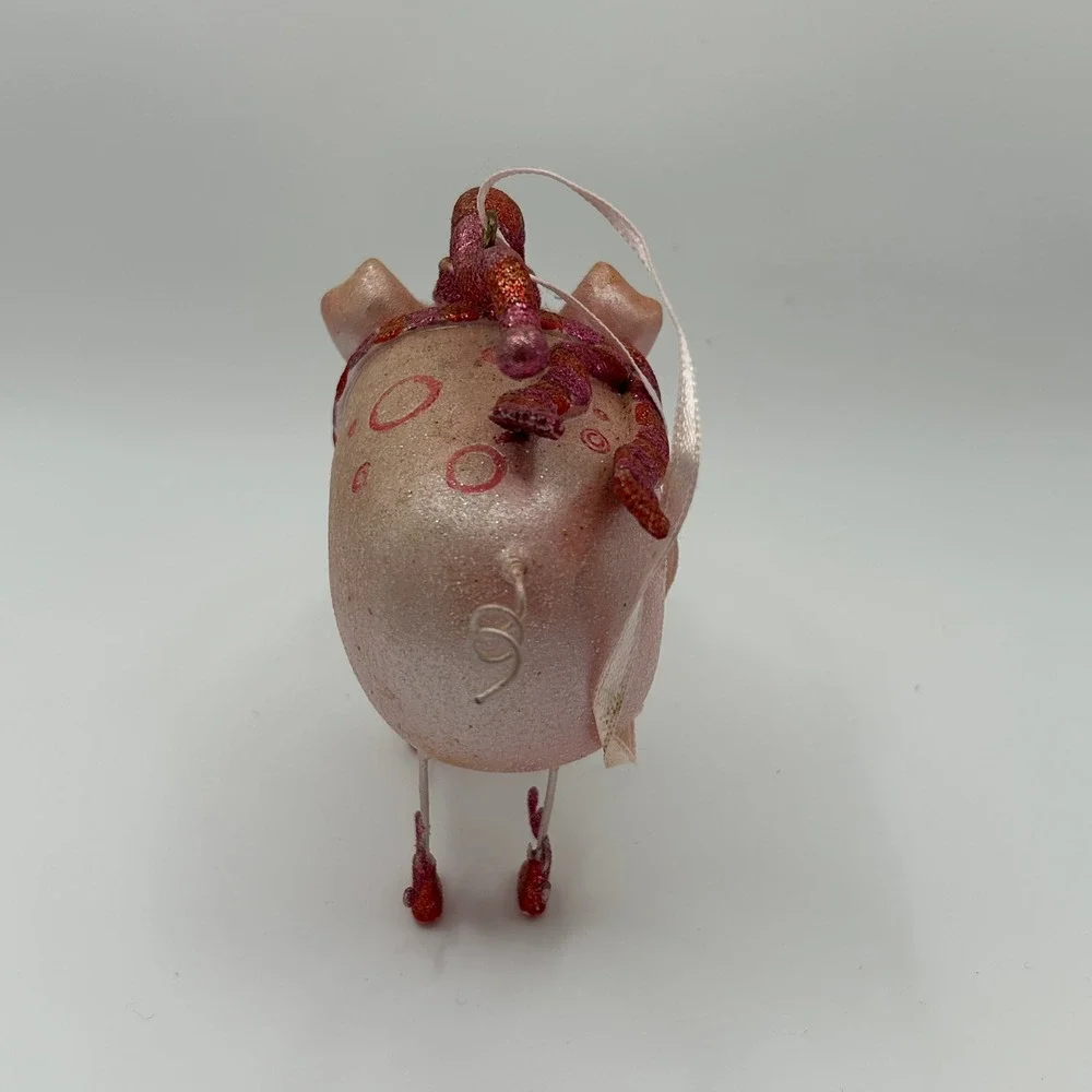 Whimsical Pink Pig Christmas Ornament Dangle Wire Legs Boots Hat Scarf Glitter